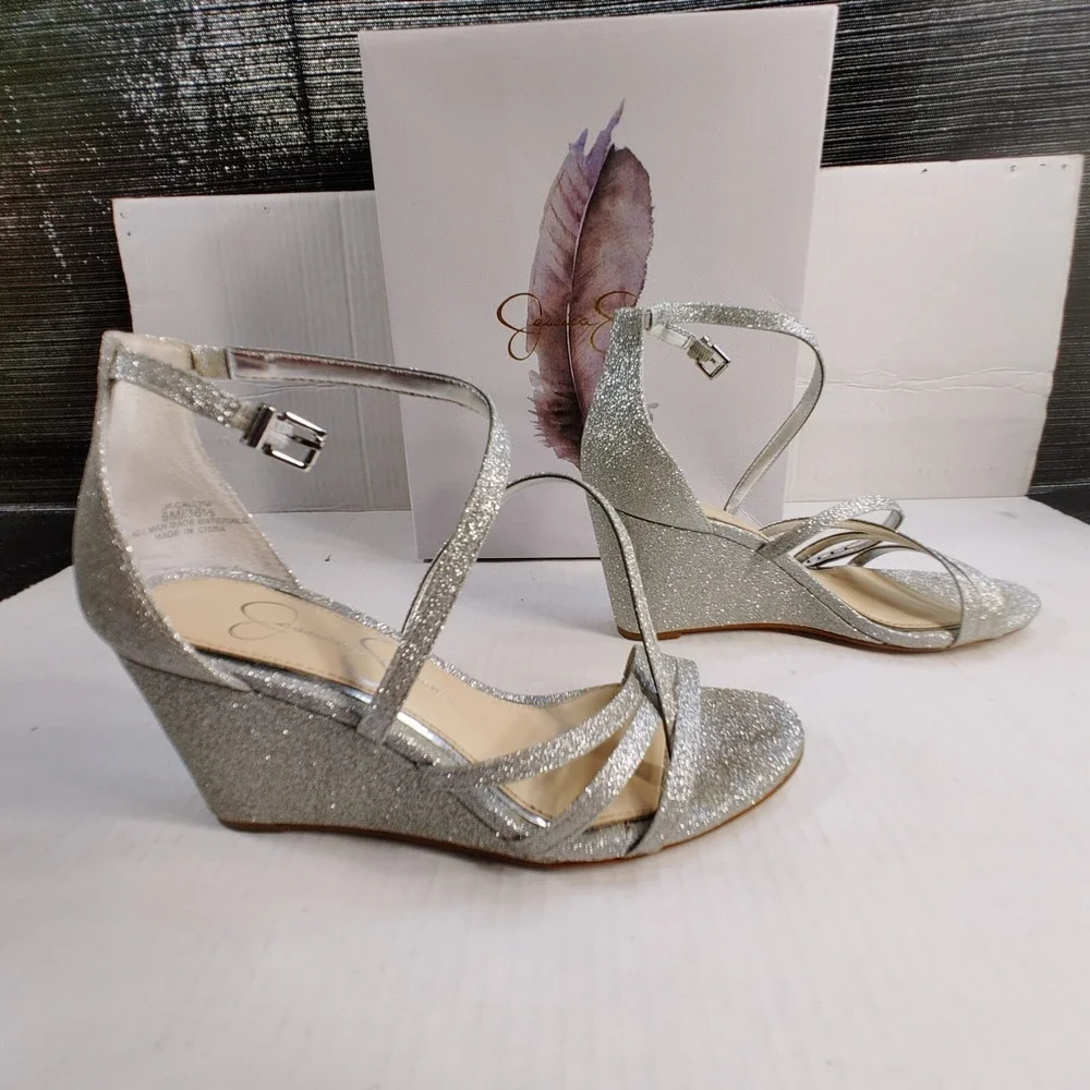 Jessica Simpson Callyia Women Size 6M Shoe Silver Flash Shimmer Metallic Wedge